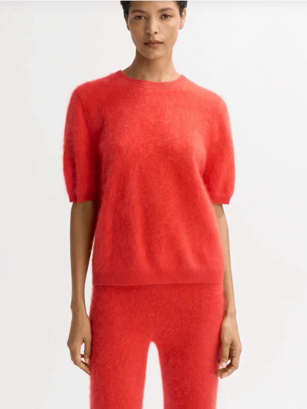 Brushed Cashmere Crewneck Short-Sleeve Sweater in Coral